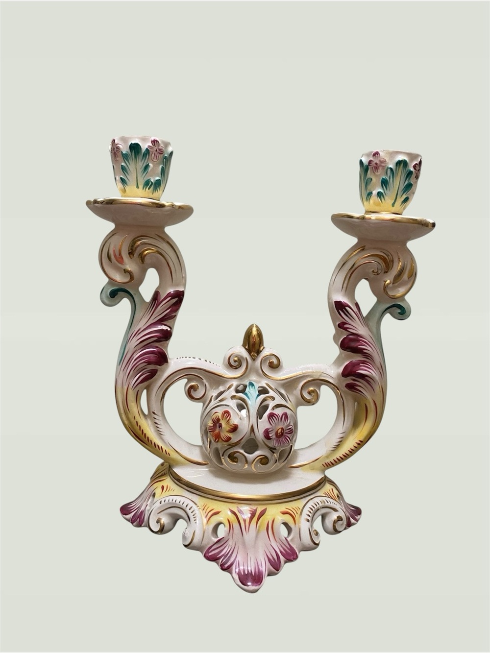 Vtg Italian Capodimonte Multicolor Hand-Painted Ceramic Double Candle Holder